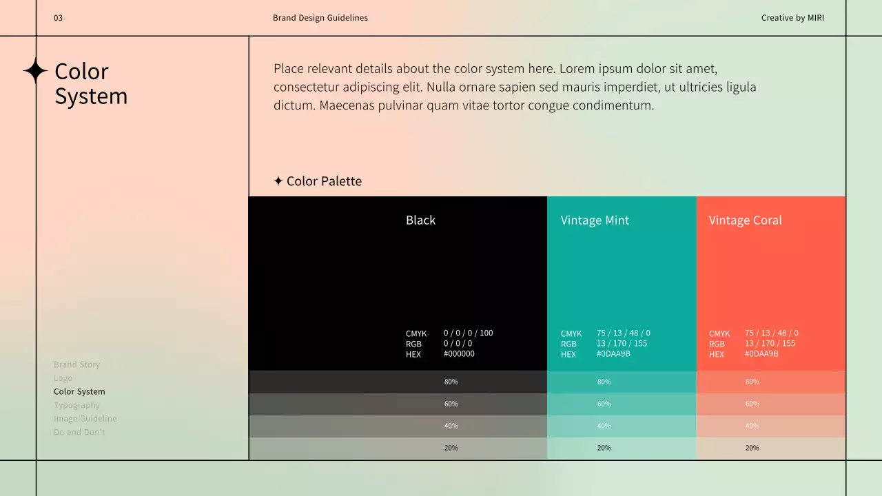 Simple brand design guidelines using a black line motif on a pastel background
