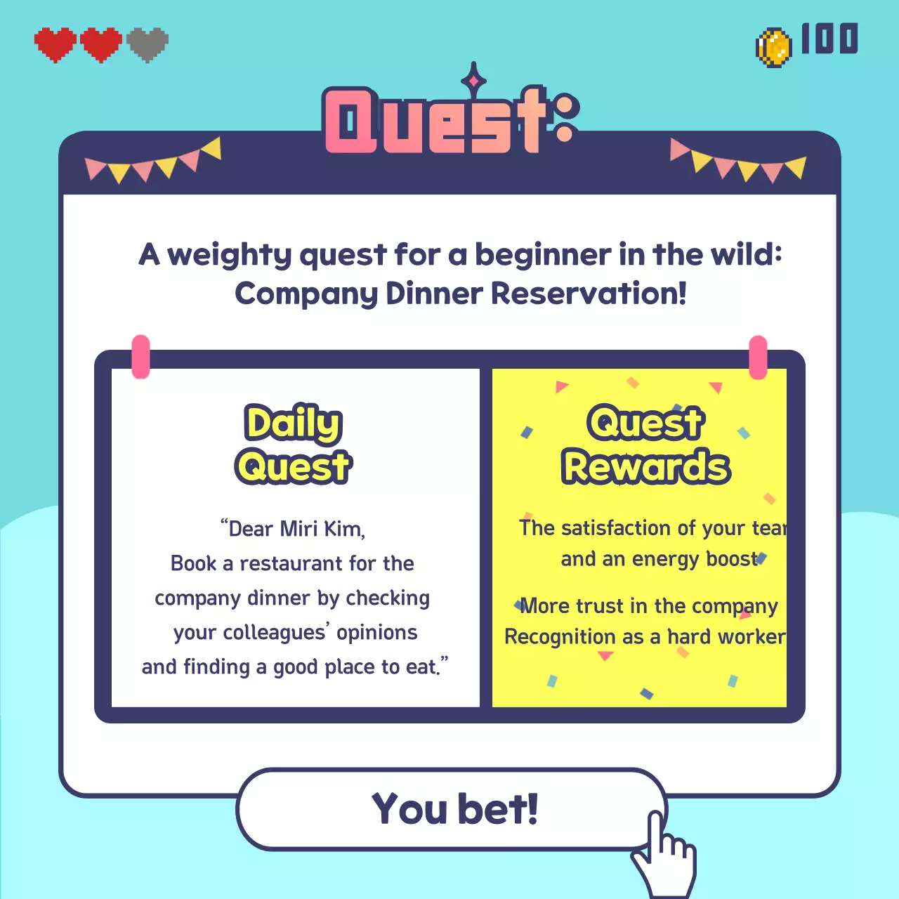 How to book a dinner with a game quest concept