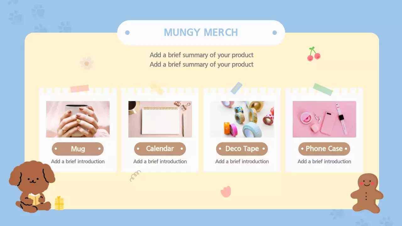 하늘색을 메인으로 한 파스텔톤의 귀여운 강아지 일러스트 테마 굿즈 셀러 신청