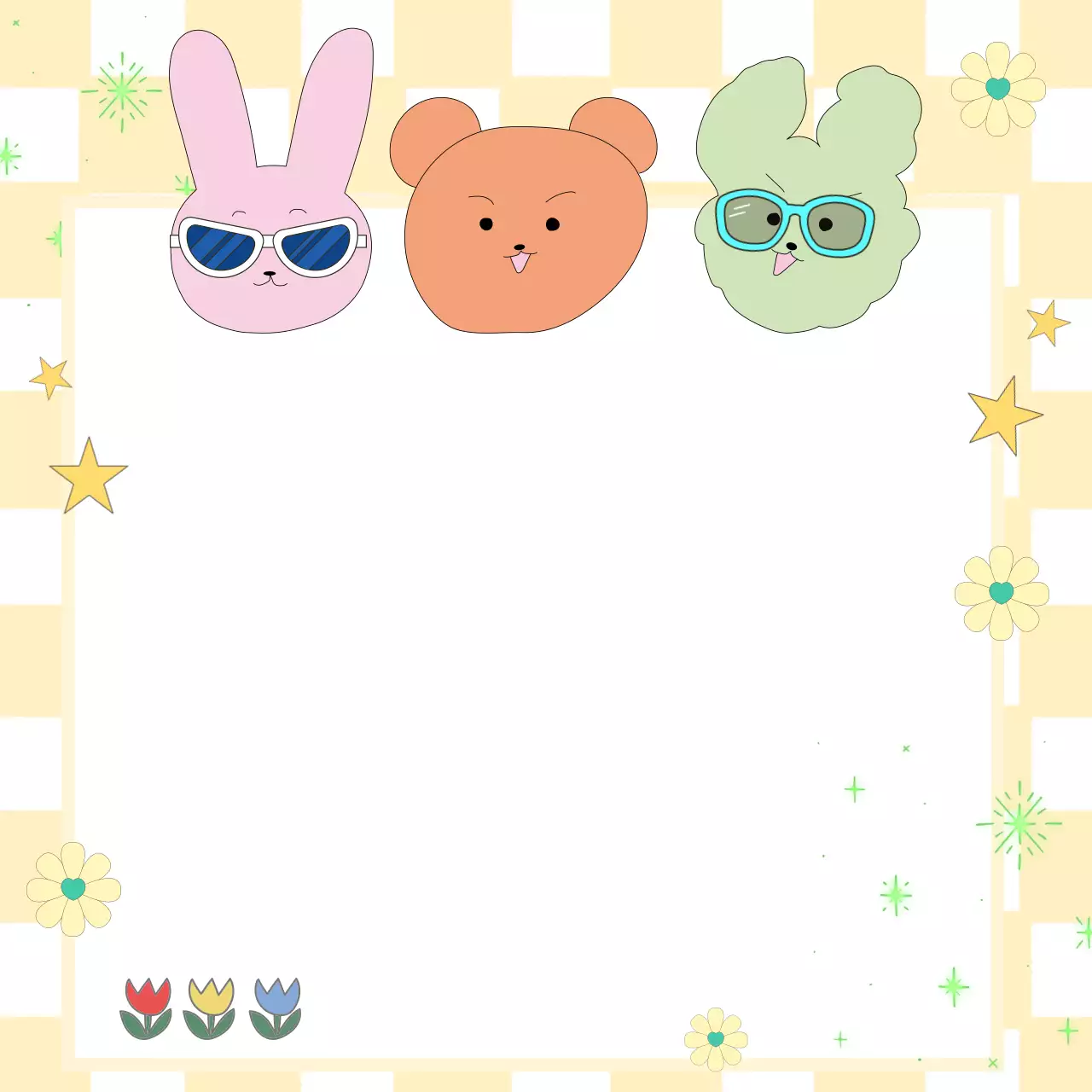 Doodle bunny bear puppy mochi note with yellow checkered background