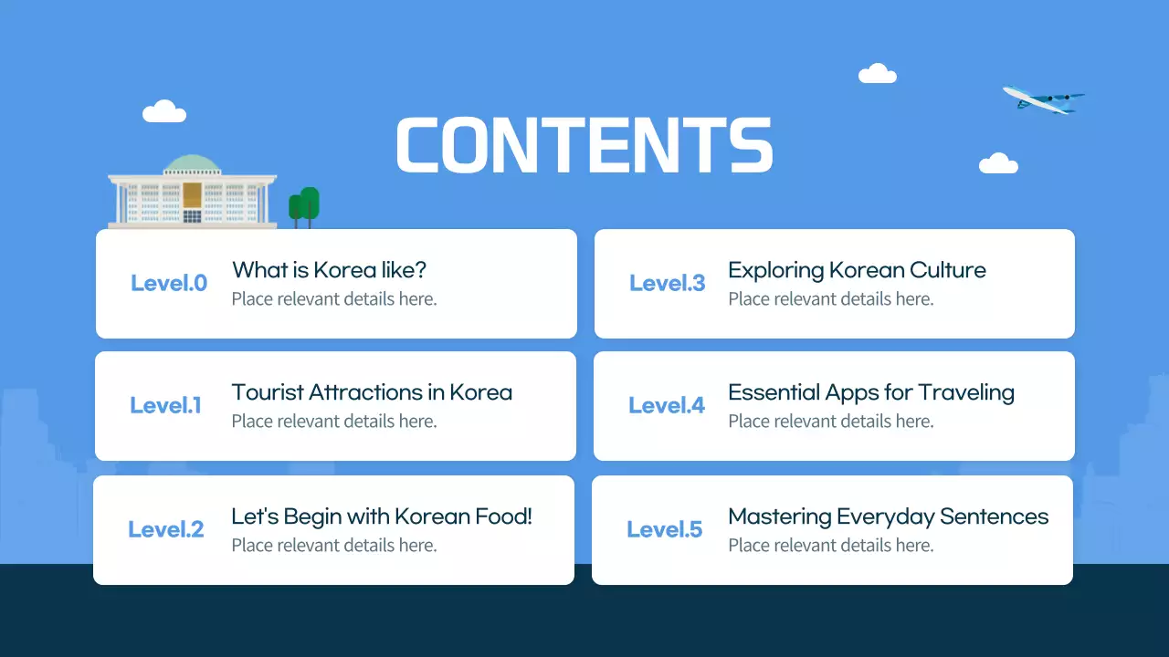 Blue and navy blue illustrated South Korea travel guide