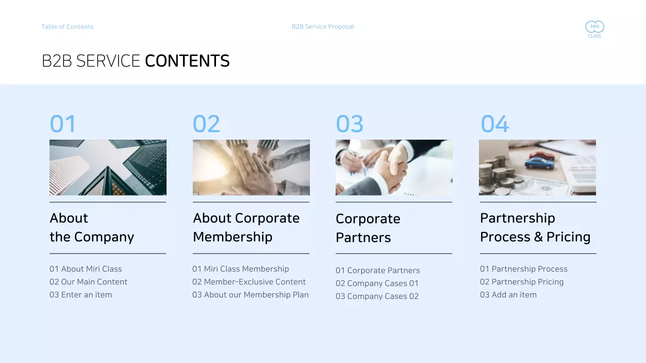 Business services proposal presentation with a light blue color scheme