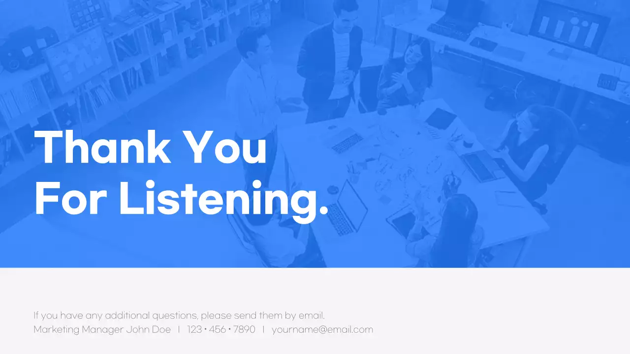 A modern business presentation in blue and white.