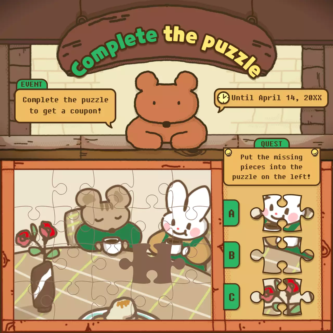 Cute brown and green game-like puzzle event