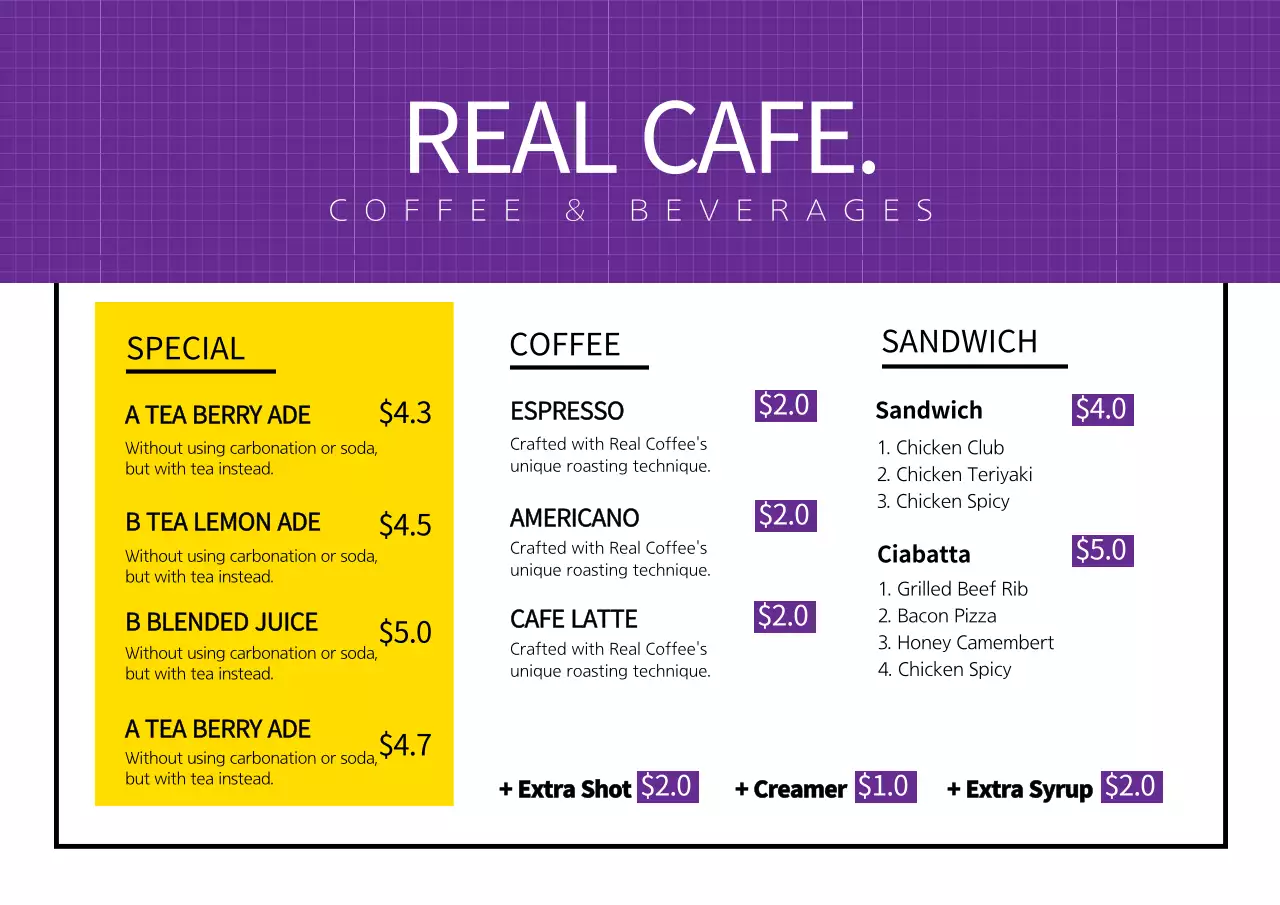 Purple Modern Cafe Menu Poster