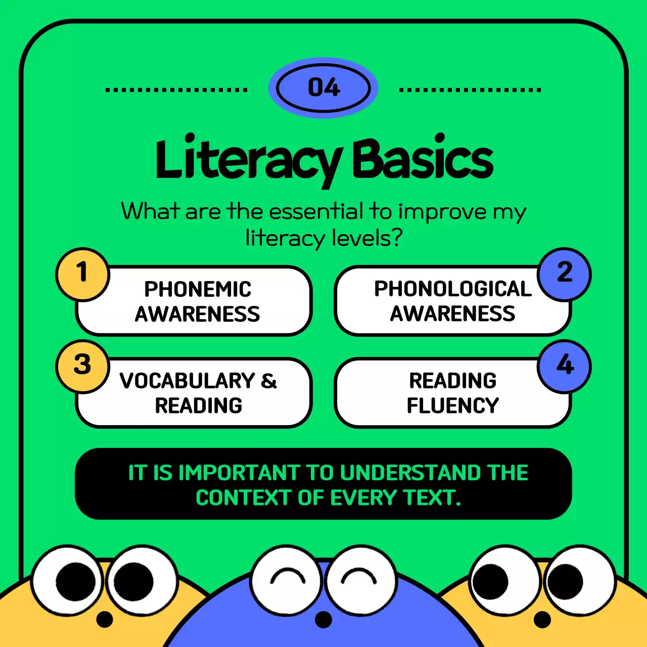 Character concept literacy test in green and blue