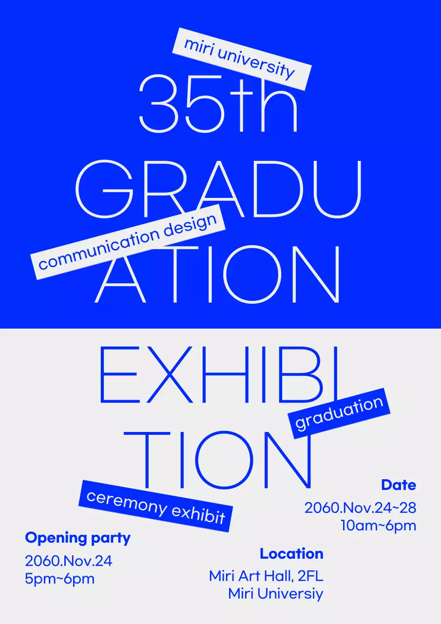 Graduation exhibition announcement with blue and gray text accents