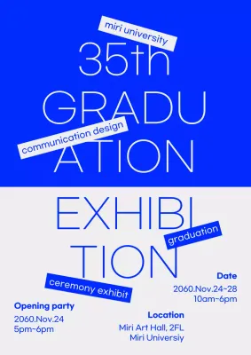 Graduation exhibition announcement with blue and gray text accents
