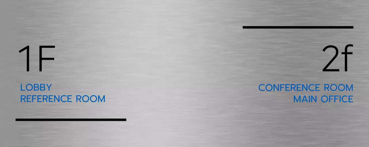 Company place names and floor directions with simple black and blue icons