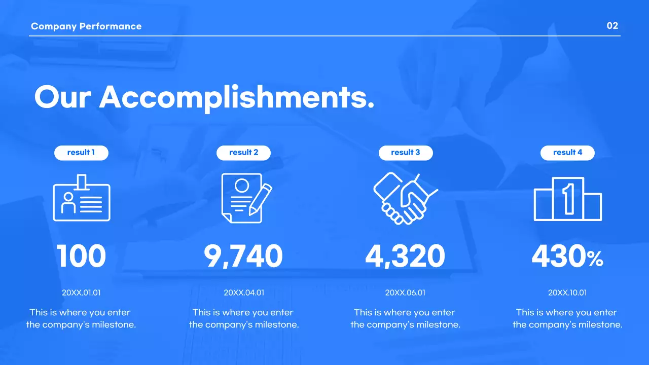 A modern business presentation in blue and white.