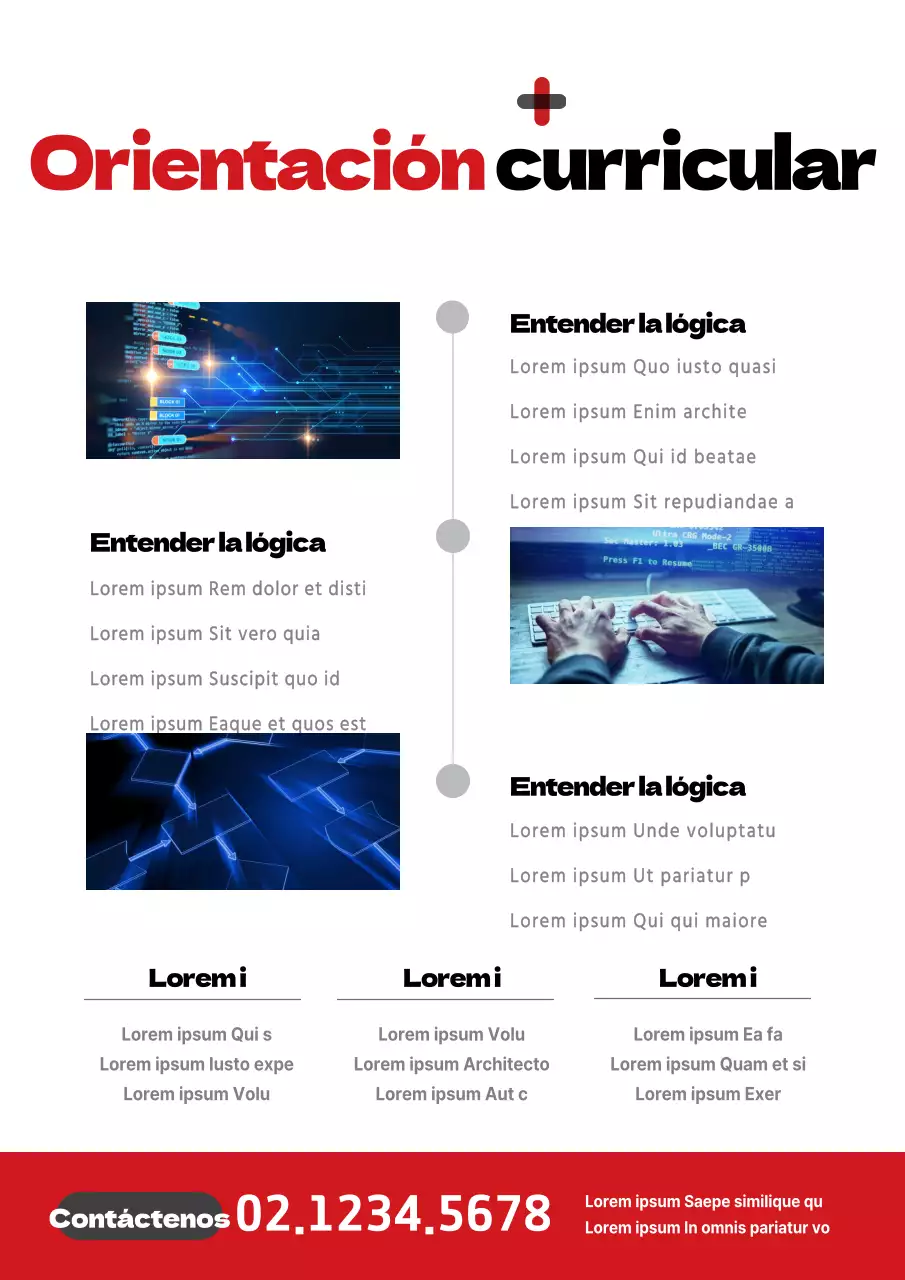 Sencillo folleto rojo y blanco para una escuela de programación