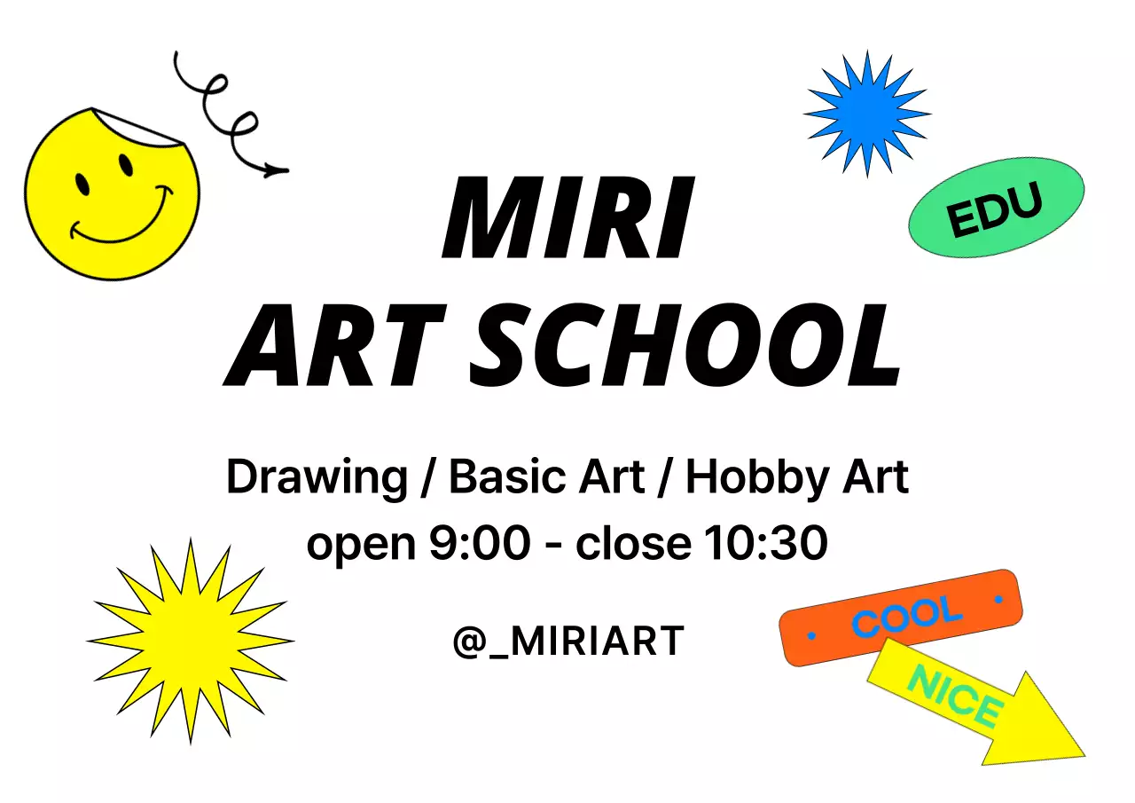 Desain promosi untuk sebuah sekolah seni, yang menampilkan berbagai stiker warna-warni.