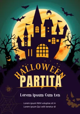 Promuovete una festa di Halloween di una scuola di lingua inglese con un simpatico concetto che presenta un'illustrazione di un castello infestato in nero