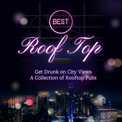 A collection of nighttime rooftop pubs with purple neon concepts