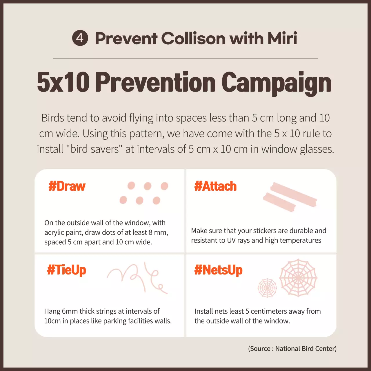 A clean anti-bird collision campaign with orange color scheme