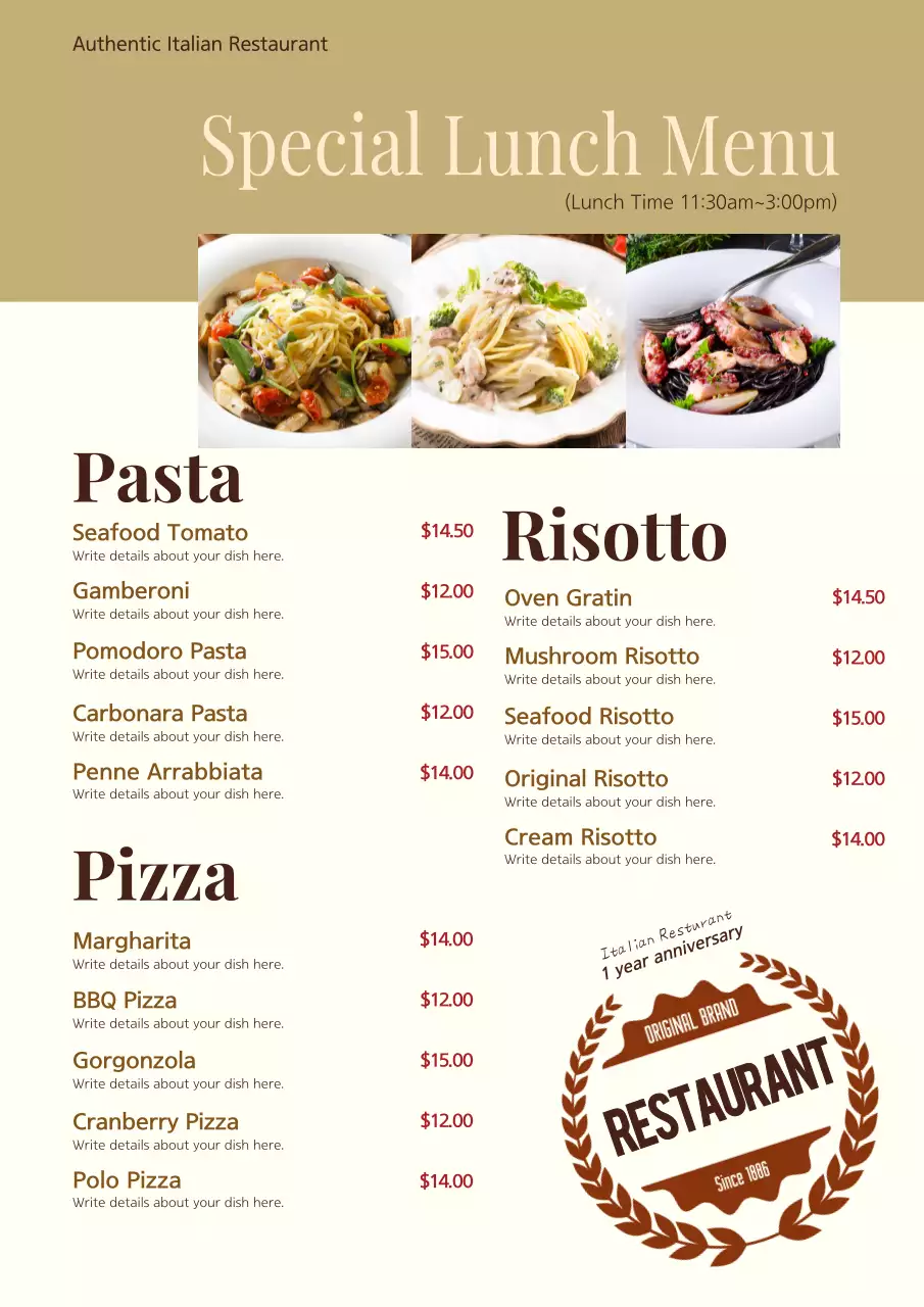 Beige Classic Lunch Menu Poster