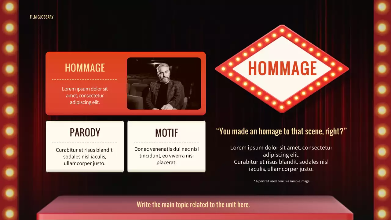 Memperkenalkan terminologi film dengan tanda merah dan konsep panggung teater yang penuh warna