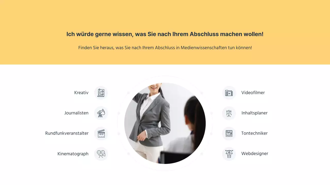 Eine einfache, marineblaue und gelbe Einführungspräsentation für die Öffentlichkeitsarbeit einer Universität