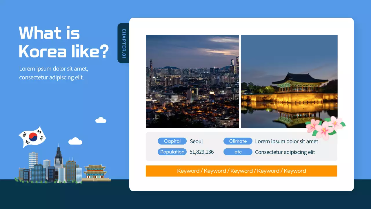 Blue and navy blue illustrated South Korea travel guide