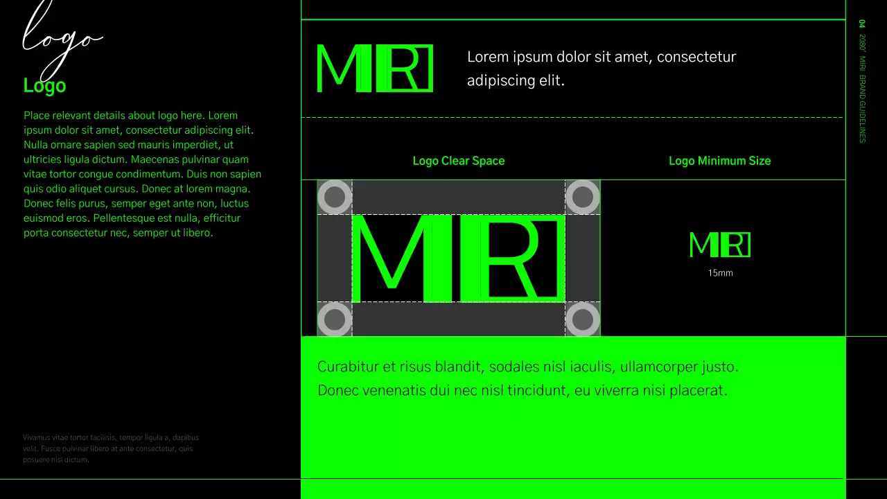 Brand identity guidelines in a lime green and black grid format