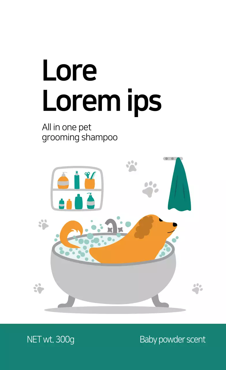 Nhãn dầu gội sản phẩm thú cưng minh họa màu xanh 
