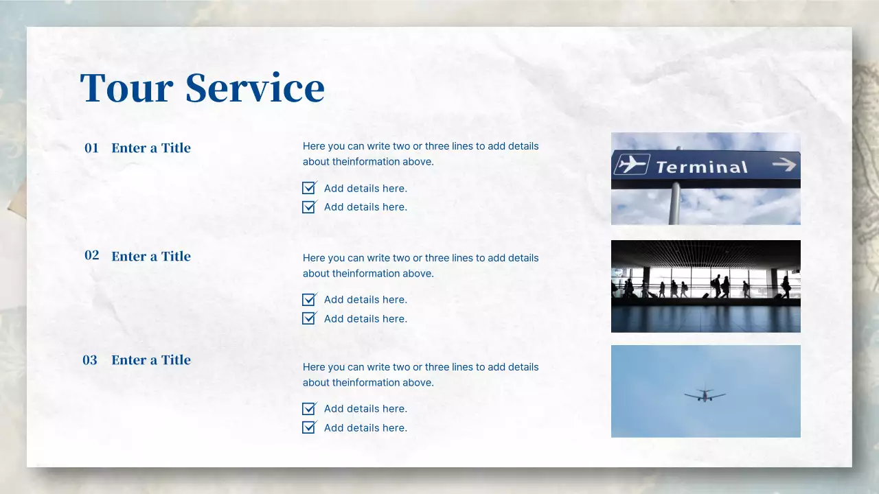 A blue and pastel, postcard-esque travel agency introduction