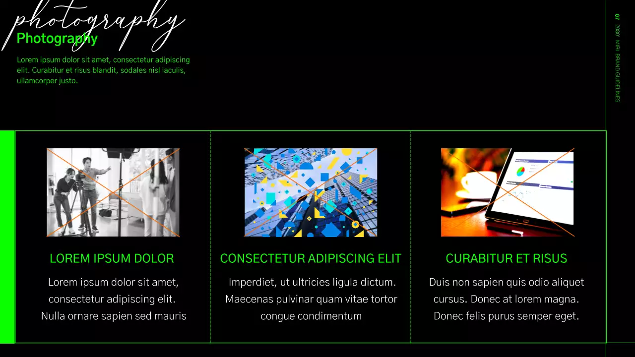 Brand identity guidelines in a lime green and black grid format