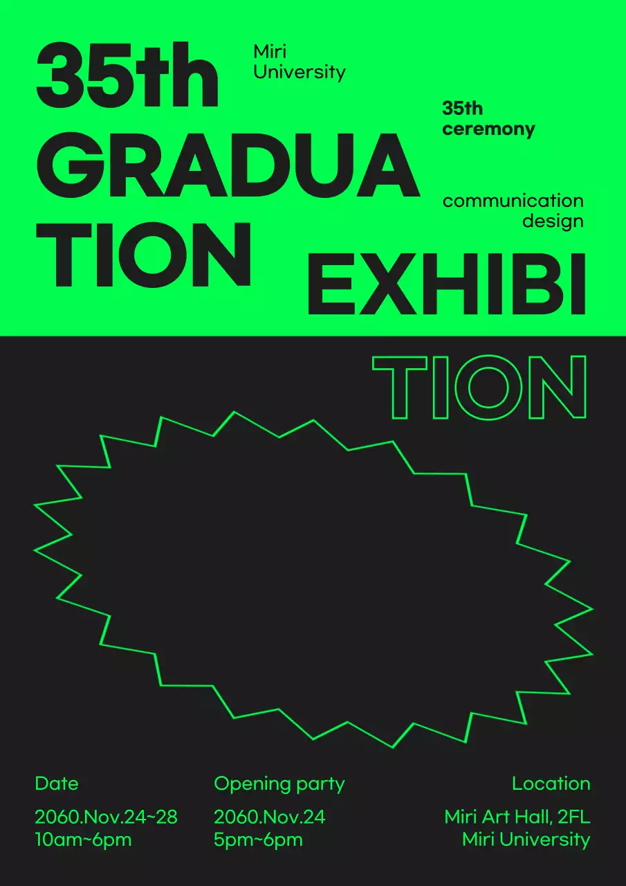 Announcing a graduation exhibition with black and neon text accents