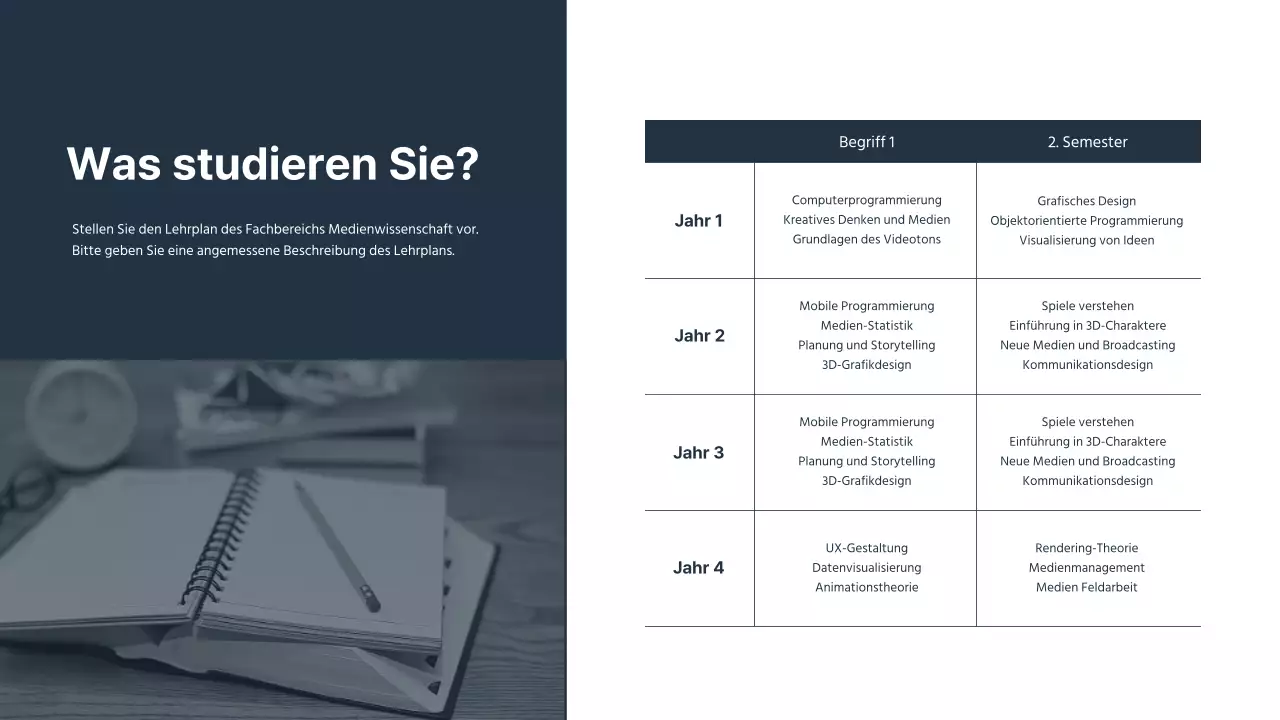 Eine einfache, marineblaue und gelbe Einführungspräsentation für die Öffentlichkeitsarbeit einer Universität