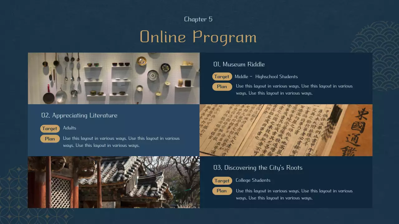 Blue oriental themed museum program plan