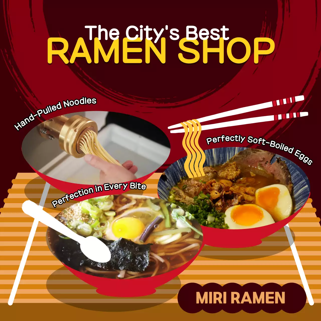 붉은색과 노란색의 강렬한 식당컨셉 라멘 일식집 홍보 소개