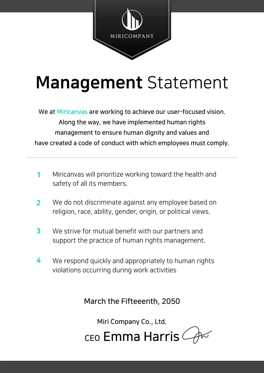 A clean business statement in black and mint