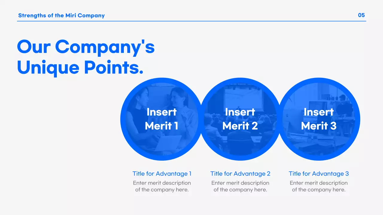 A modern business presentation in blue and white.