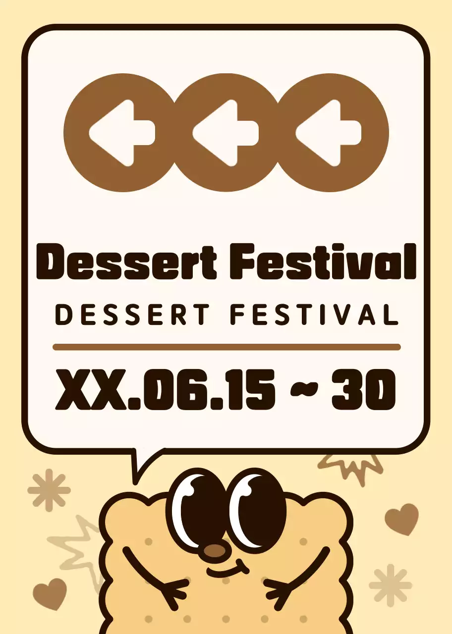 Kombinasi warna coklat dan merah muda Karakter kue yang lucu dan gaya ilustrasi gelembung ucapan Petunjuk arah ke festival makanan penutup