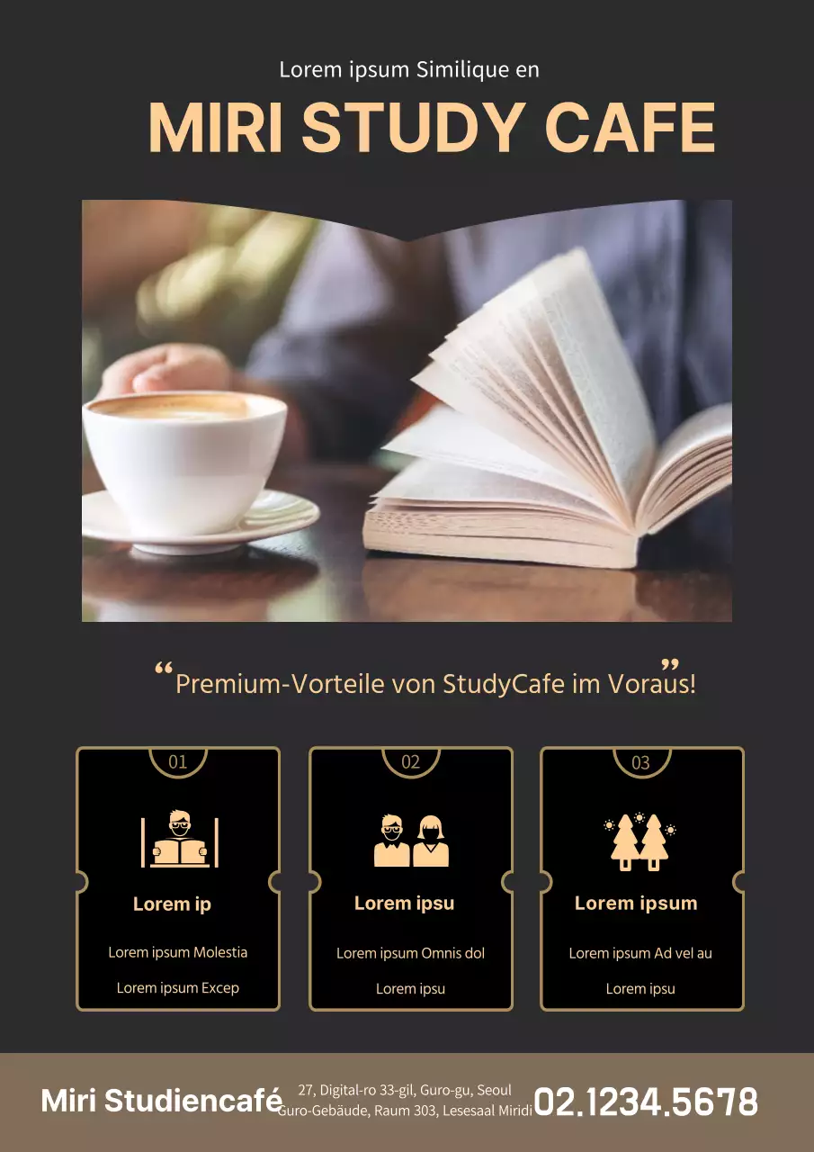 Werbung für das Ganjin Study Café mit schwarz-goldenen Fotos und Symbolen