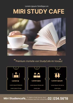 Werbung für das Ganjin Study Café mit schwarz-goldenen Fotos und Symbolen