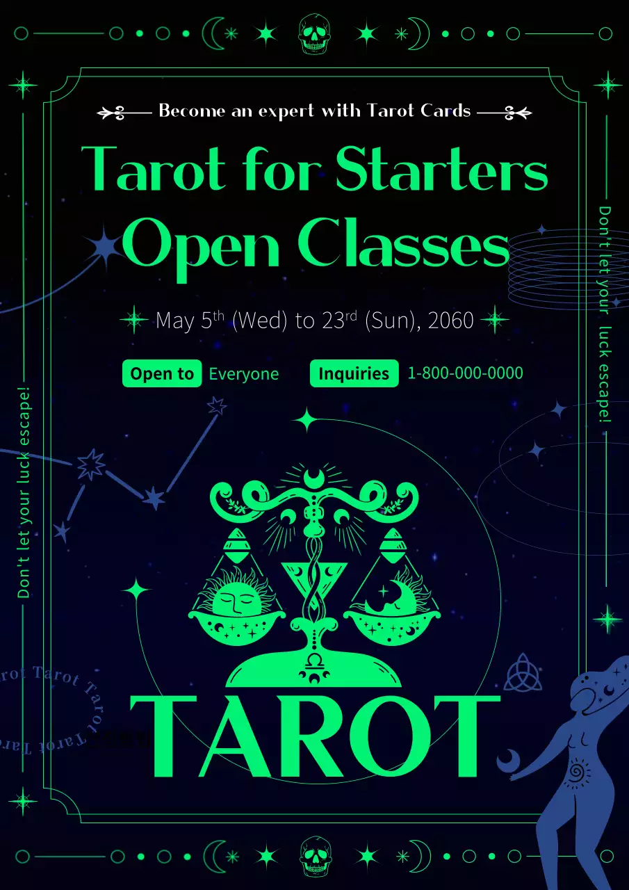 검정색과 네온색의 별자리 배경이 있는 신비한 느낌이 나는 타로카드 수강생 모집