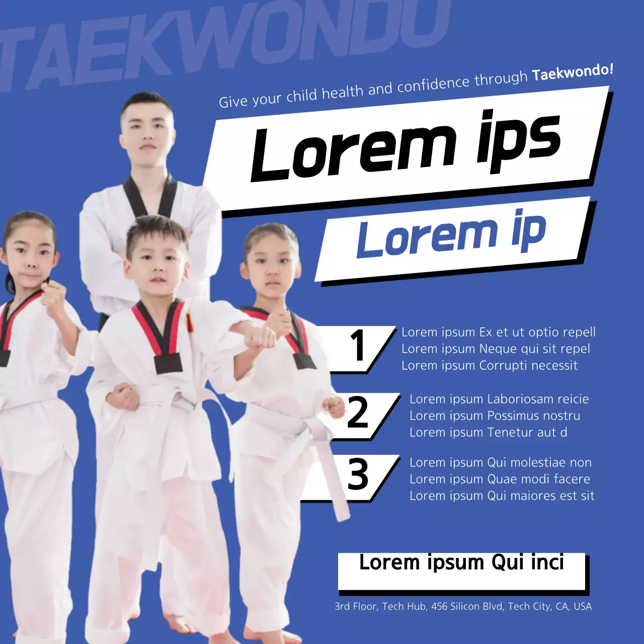 Banner promocional azul moderno de taekwondo