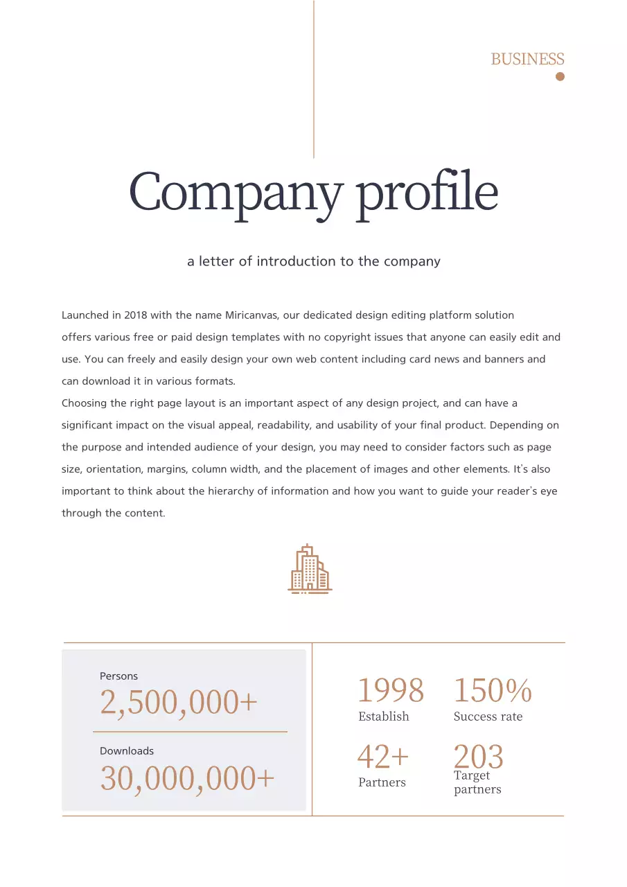 Simple typographic business proposal vertical in navy blue and brown colors