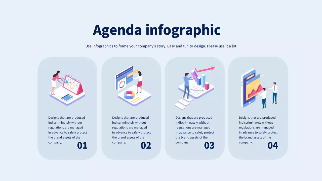 Agenda infographic with a blue and light blue business-like graphic illustration look