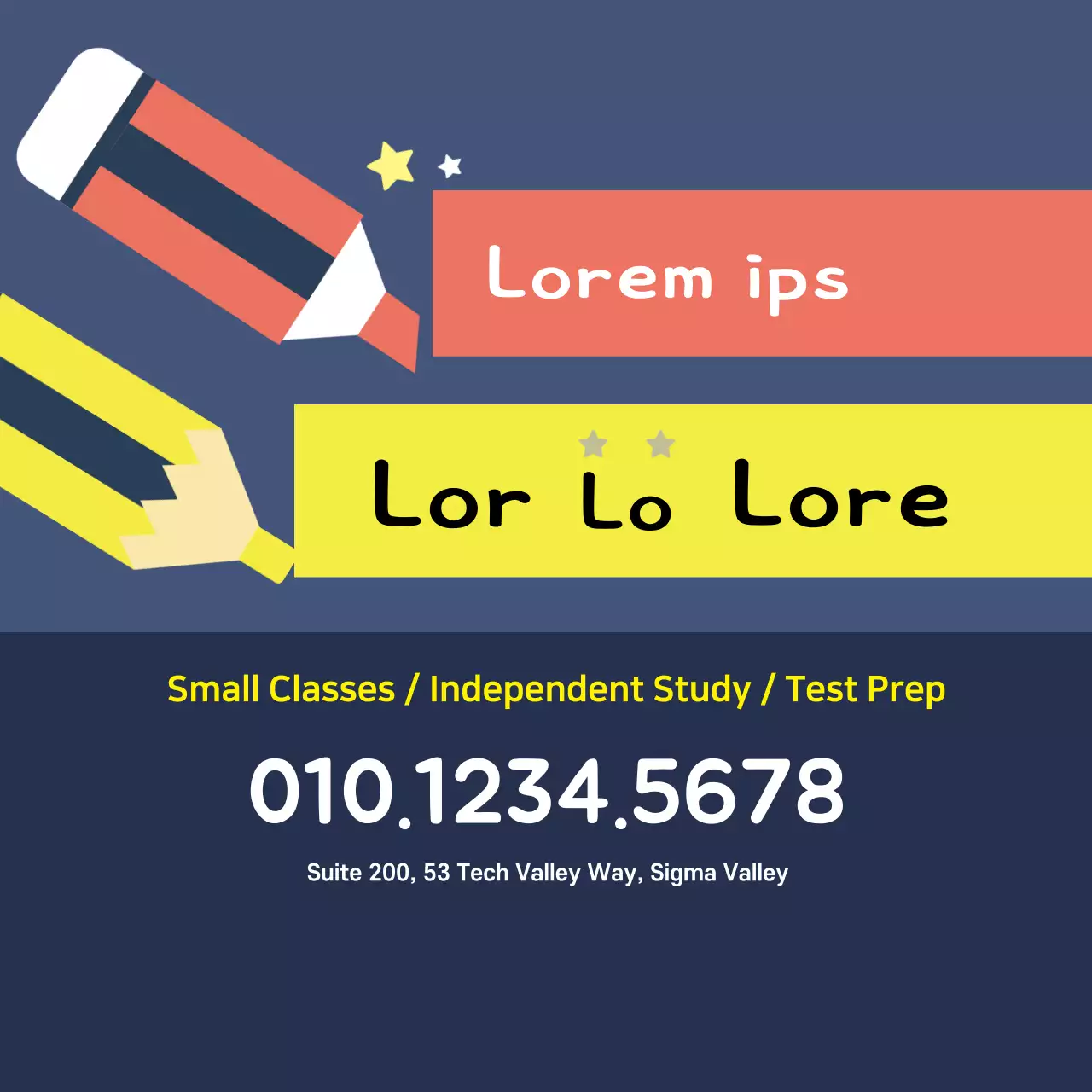 Ilustrasi pensil berwarna biru tua dengan ilustrasi iklan sekolah yang lucu dan menjejalkan