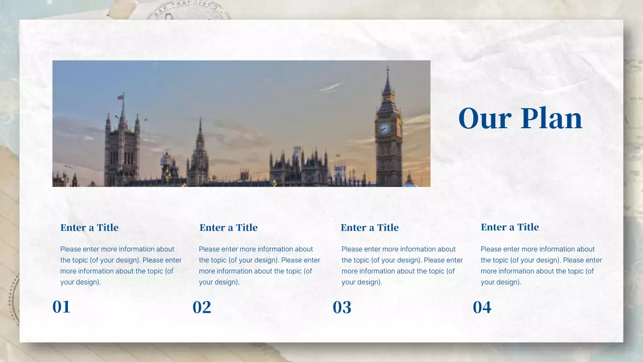 A blue and pastel, postcard-esque travel agency introduction