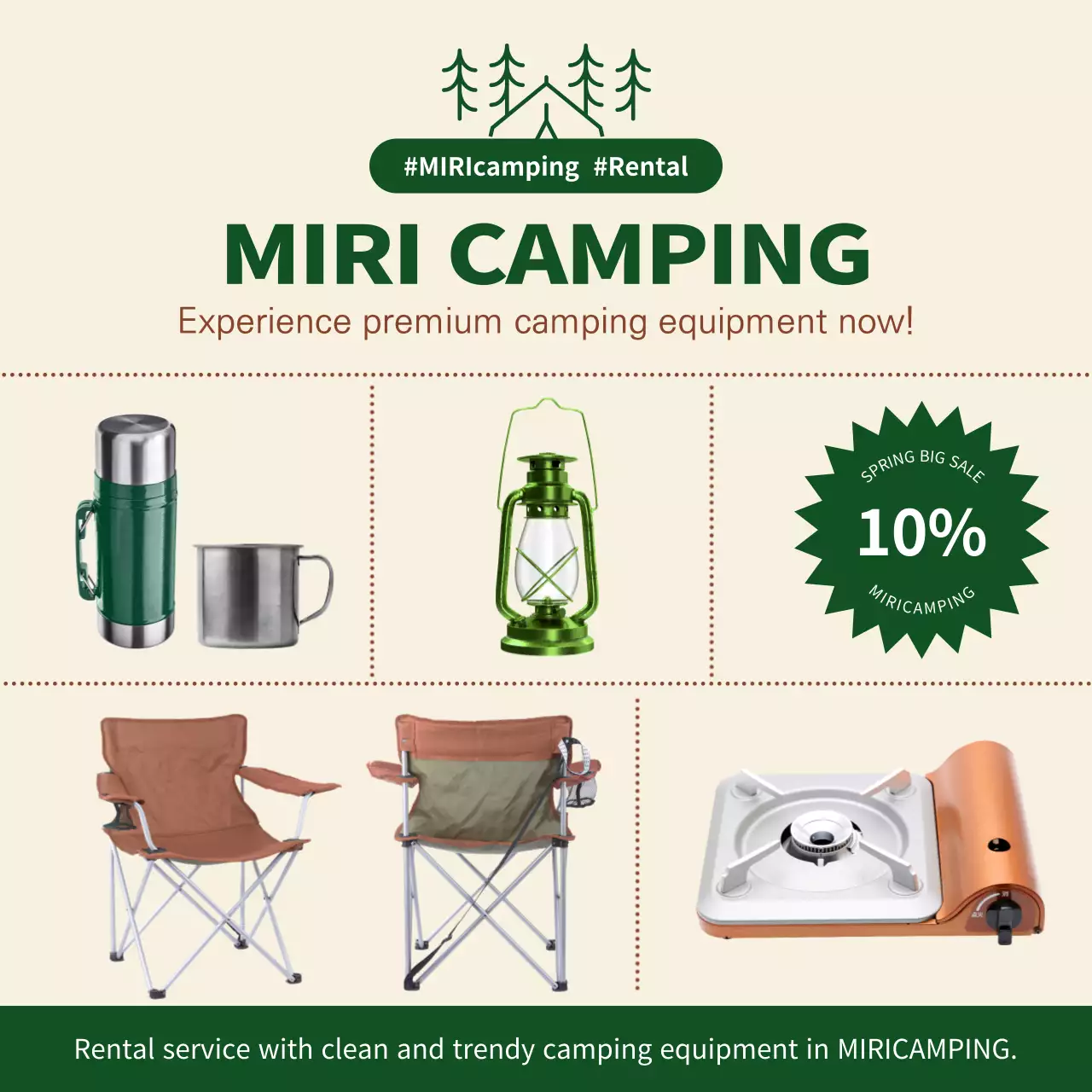 Beige and green camping gear rental event details