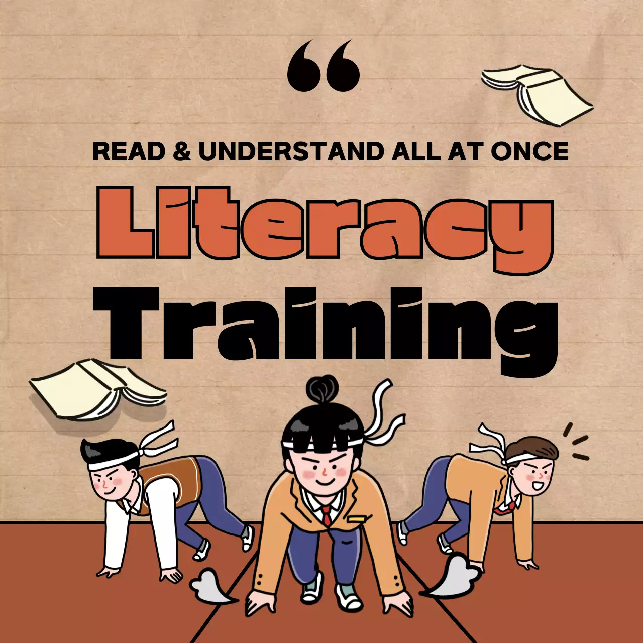 Literacy training academy with cute illustrations in red and black