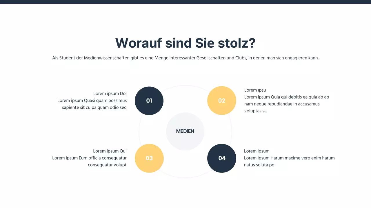 Eine einfache, marineblaue und gelbe Einführungspräsentation für die Öffentlichkeitsarbeit einer Universität