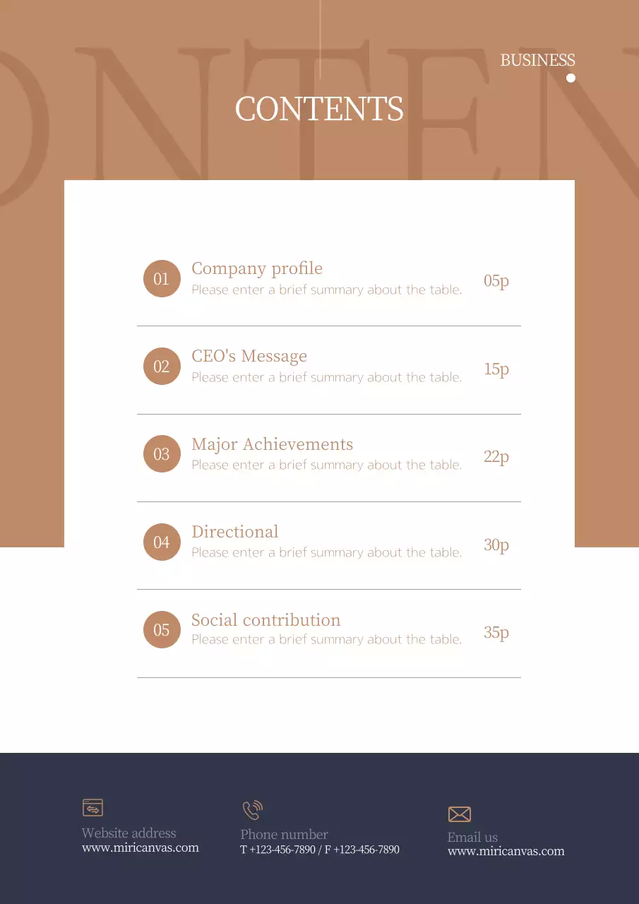 Simple typographic business proposal vertical in navy blue and brown colors