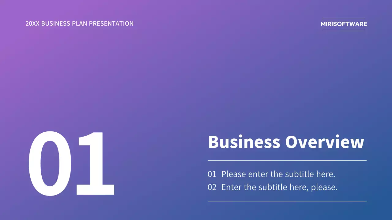 Business plan presentation with a purple and blue gradient concept