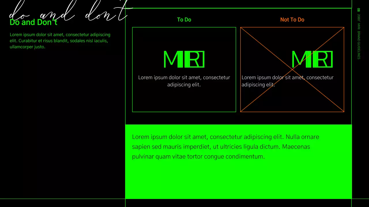 Brand identity guidelines in a lime green and black grid format