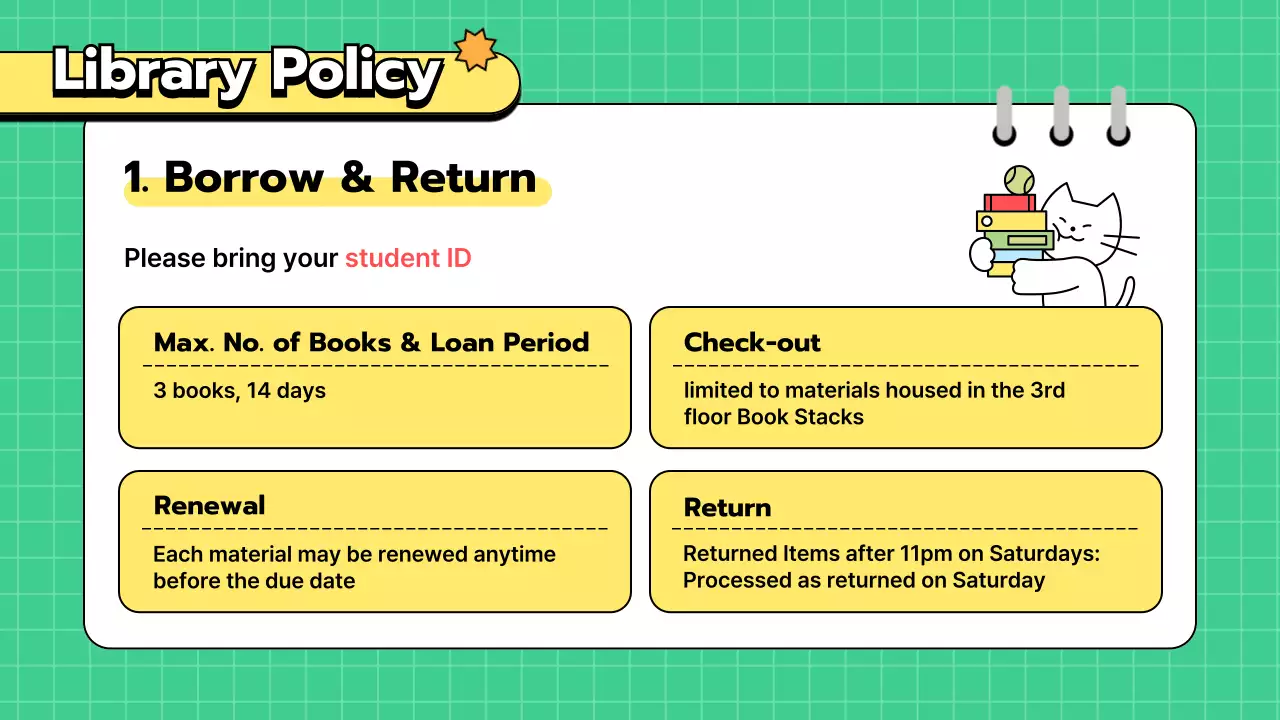 초록색과 노란색 귀여운 깔끔한 그리드의 도서관 교육용 메뉴얼