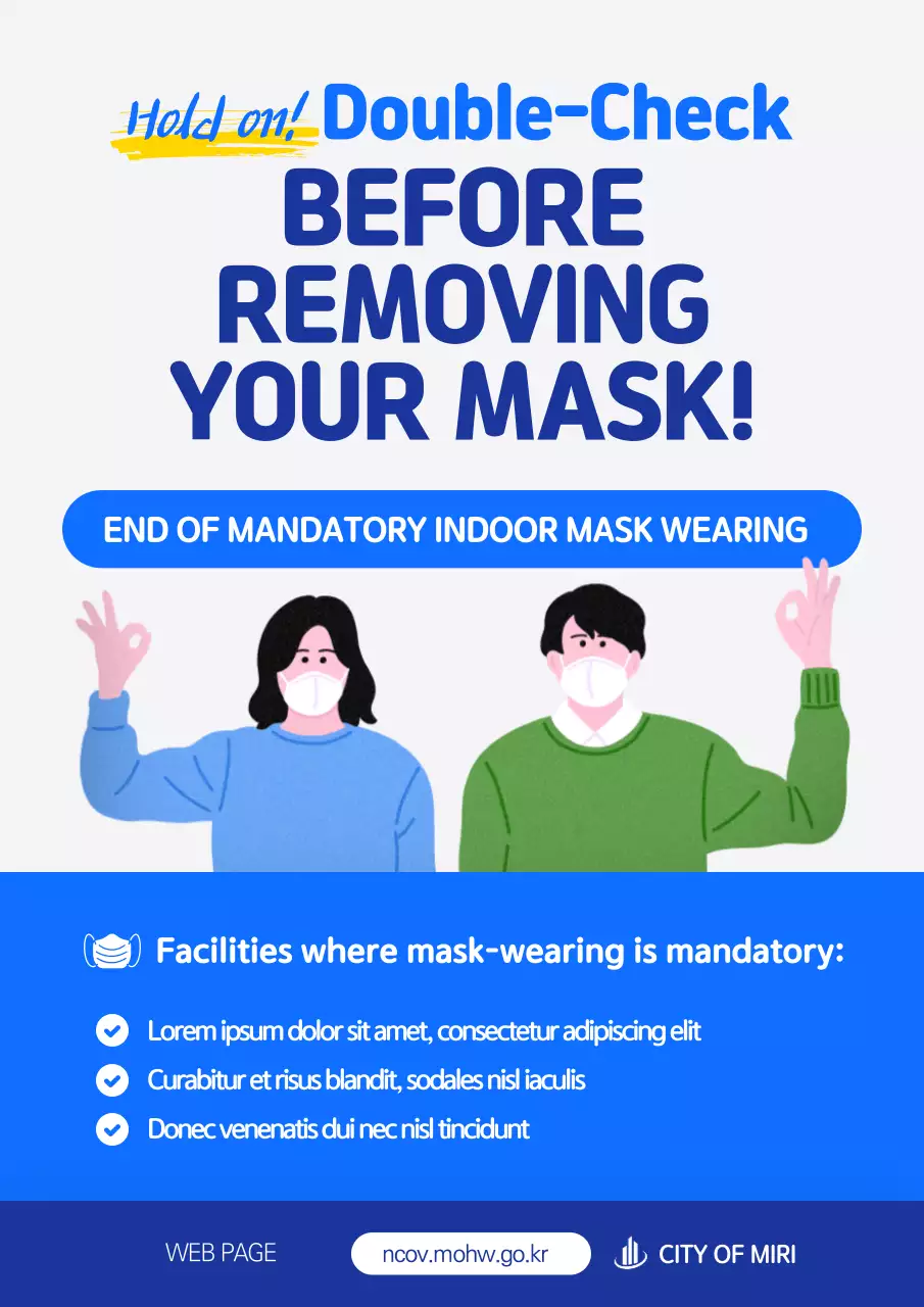 A clean, blue, illustrated reminder that masks are not mandatory.